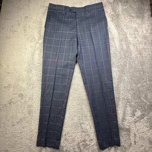 Carlo Barbera Super 140s Wool Plaid Dress Pants Mens 34x32 Italy Blue Slim